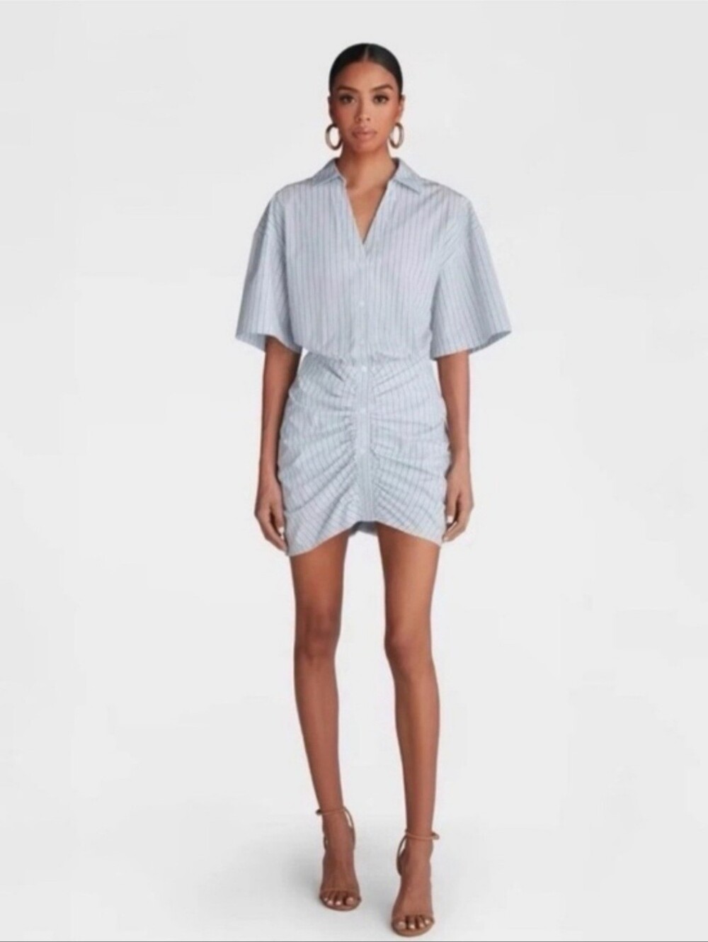 KBB by KAHLANA Striped Ruched Shirt Mini Dress Navy Blue
